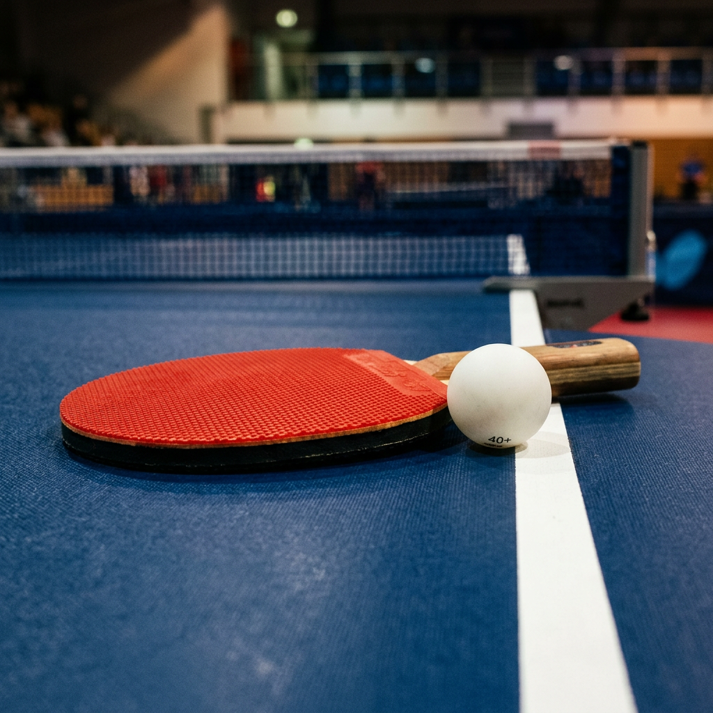 Red table tennis paddle and white ball on a blue table