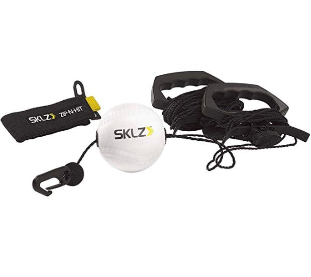 Baseball swing trainer with white ball, black cords, and handles